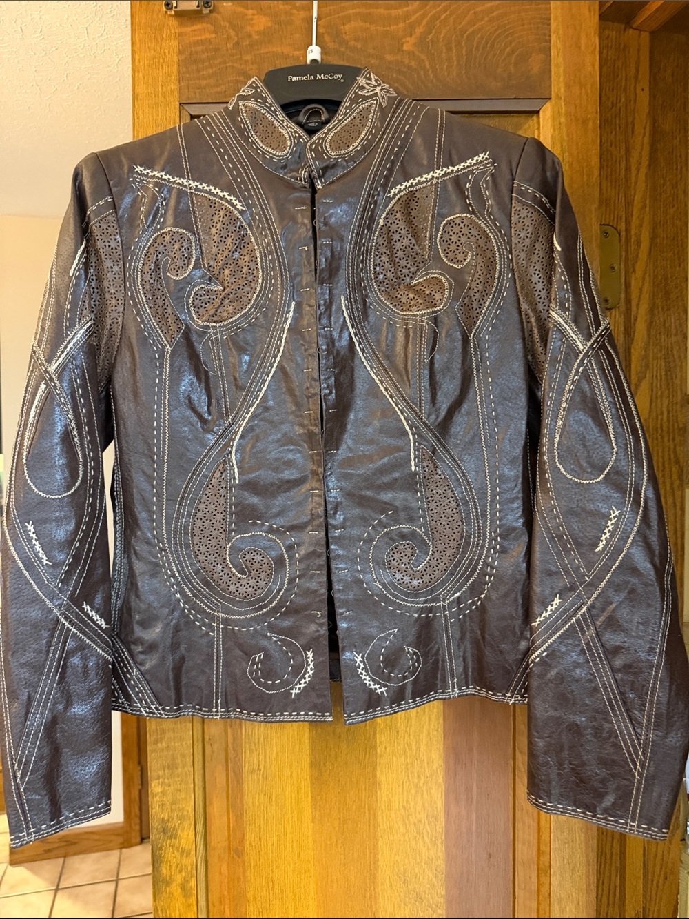 Pamela McCoy Black Leather Jacket with White Embroidery